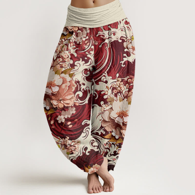 Cotton Casual Wave And Floral Pattern Women's Elastic Waist Harem Pants