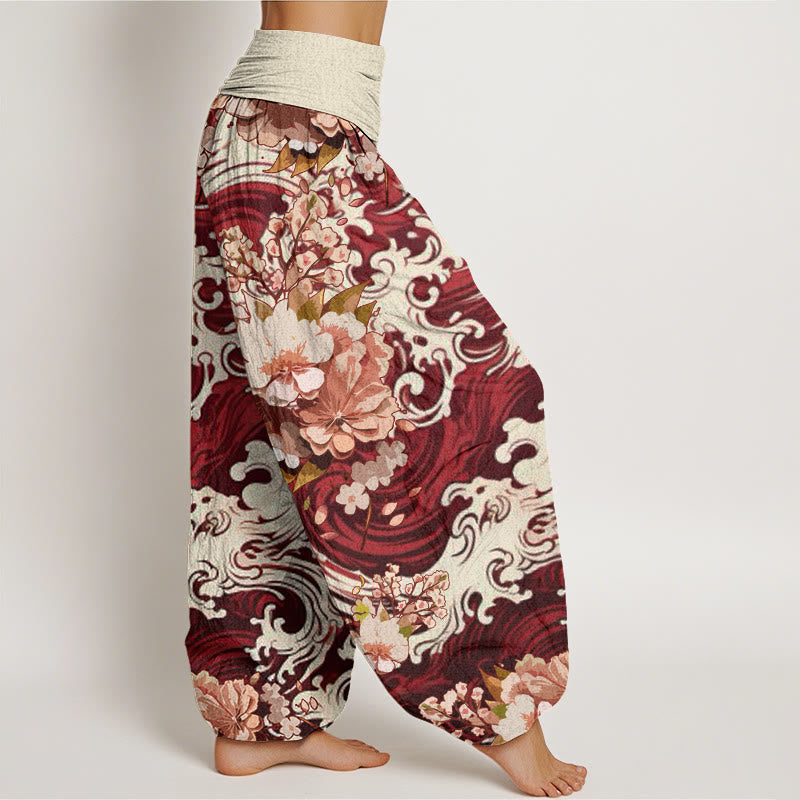 Cotton Casual Wave And Floral Pattern Women's Elastic Waist Harem Pants