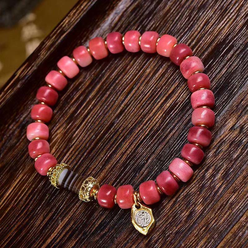 Tibetan Magnesite and Red Agate Beaded Bracelet with Copper and Camel Bone