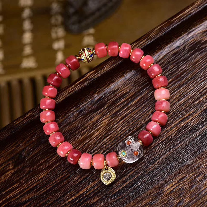 Tibetan Magnesite and Red Agate Beaded Bracelet with Copper and Camel Bone