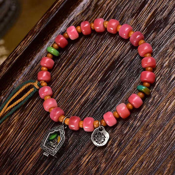 Tibetan Magnesite and Red Agate Beaded Bracelet with Copper and Camel Bone
