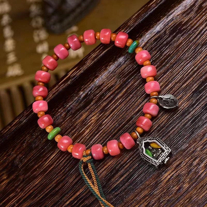 Tibetan Magnesite and Red Agate Beaded Bracelet with Copper and Camel Bone