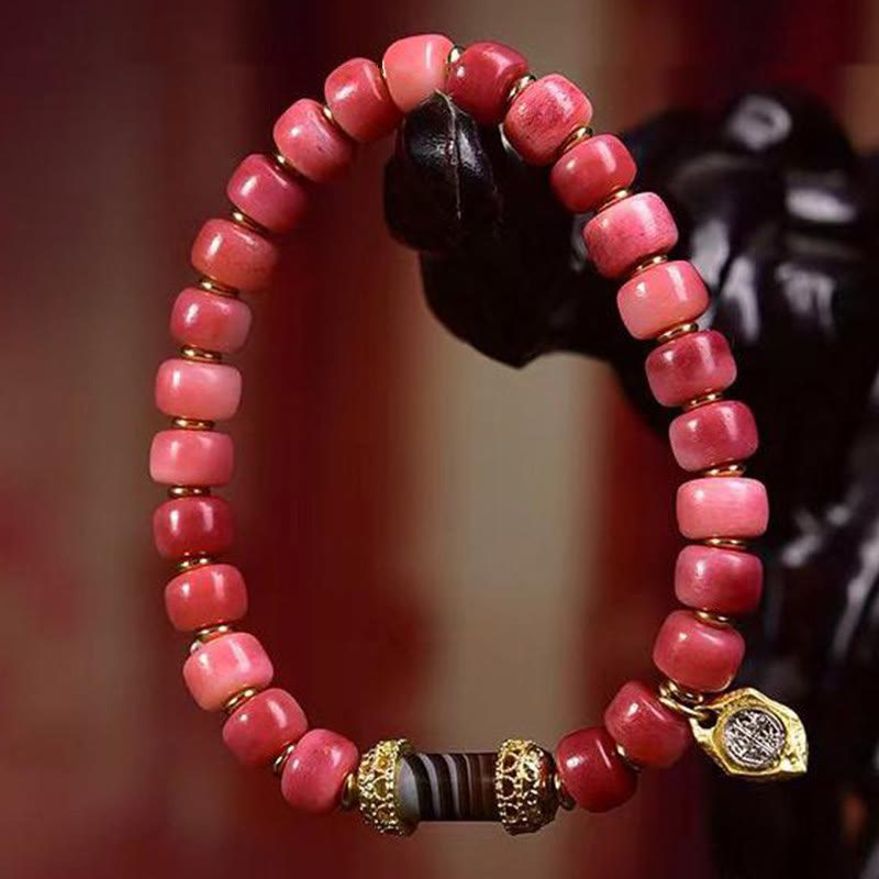 Tibetan Magnesite and Red Agate Beaded Bracelet with Copper and Camel Bone