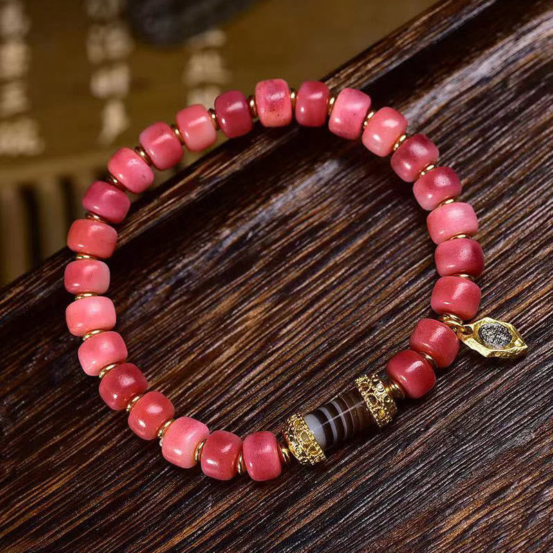 Tibetan Magnesite and Red Agate Beaded Bracelet with Copper and Camel Bone