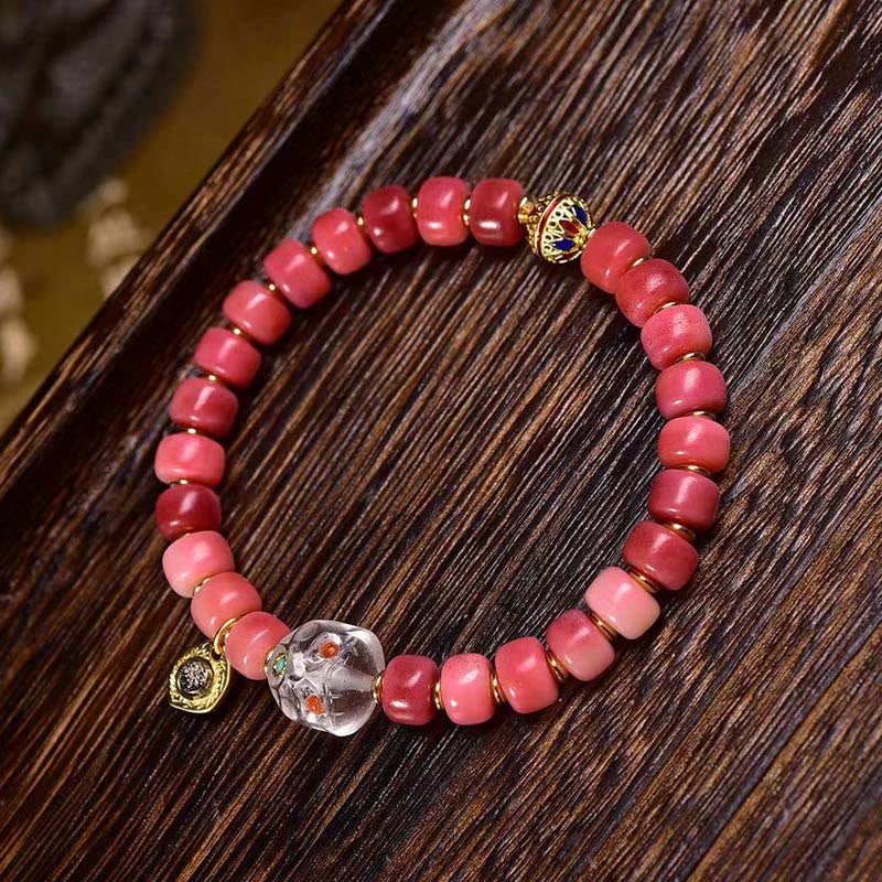 Tibetan Magnesite and Red Agate Beaded Bracelet with Copper and Camel Bone