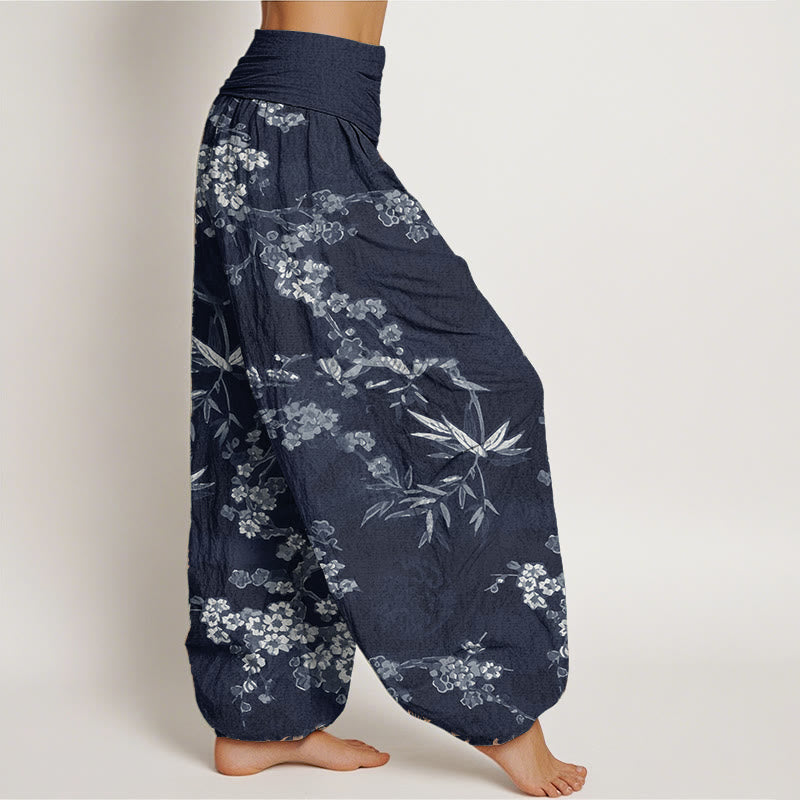 Pure Cotton White Sakura Flower Pattern Women's Elastic Waist Harem Pants