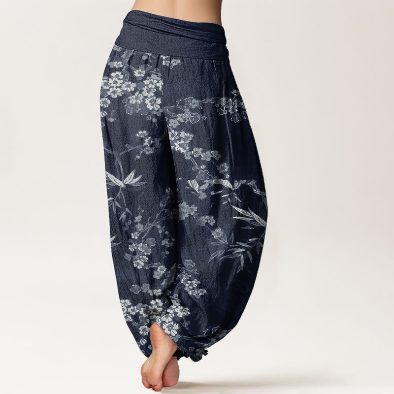 Pure Cotton White Sakura Flower Pattern Women's Elastic Waist Harem Pants