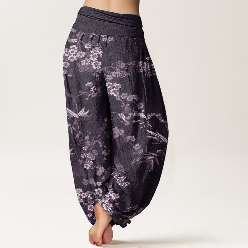 Pure Cotton White Sakura Flower Pattern Women's Elastic Waist Harem Pants