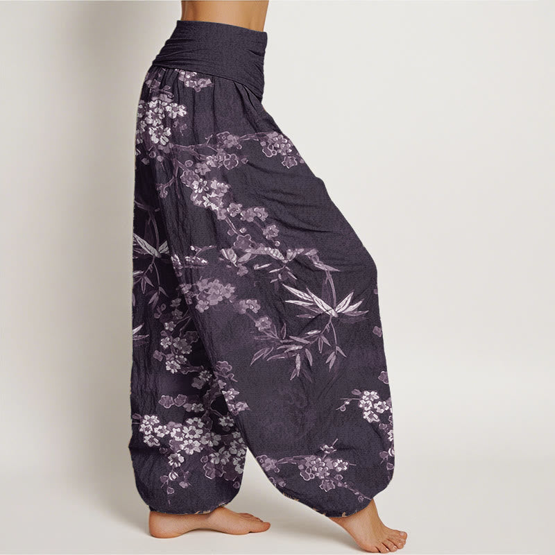 Pure Cotton White Sakura Flower Pattern Women's Elastic Waist Harem Pants