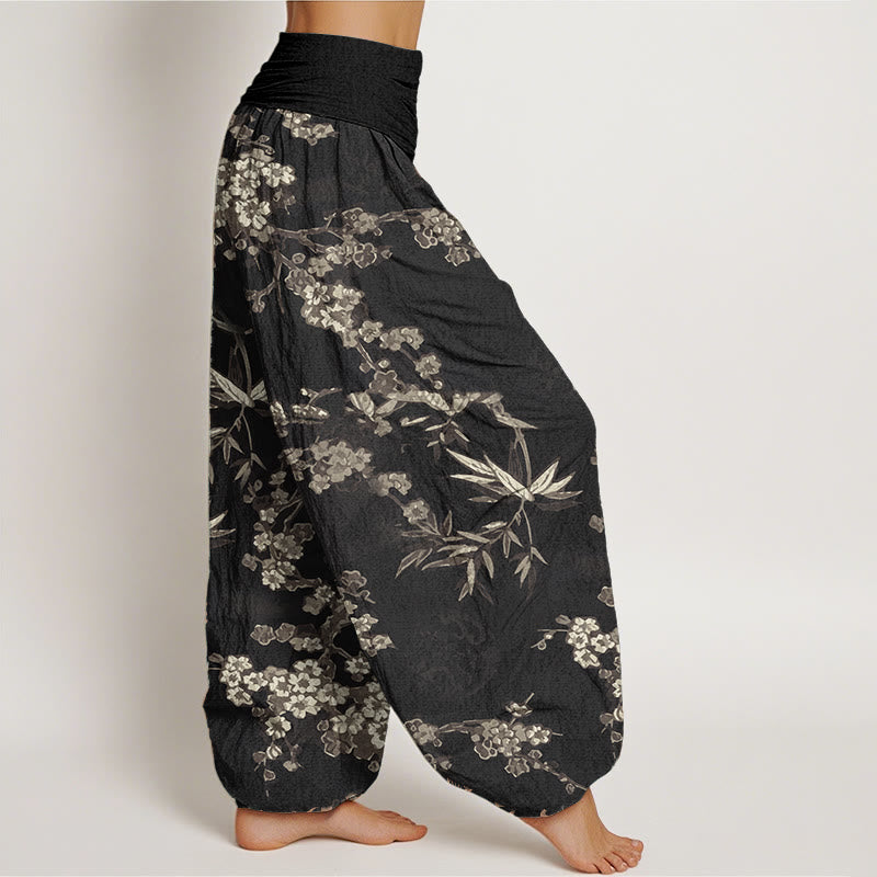 Pure Cotton White Sakura Flower Pattern Women's Elastic Waist Harem Pants