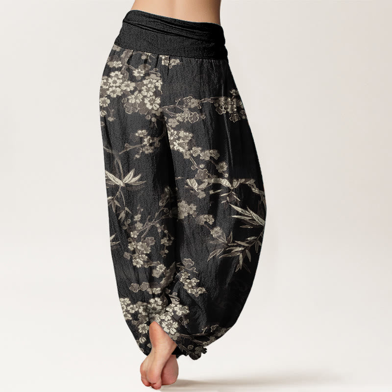 Pure Cotton White Sakura Flower Pattern Women's Elastic Waist Harem Pants