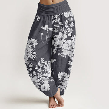 Pure Cotton Casual Peony Leaves Women's Elastic Waist Harem Pants