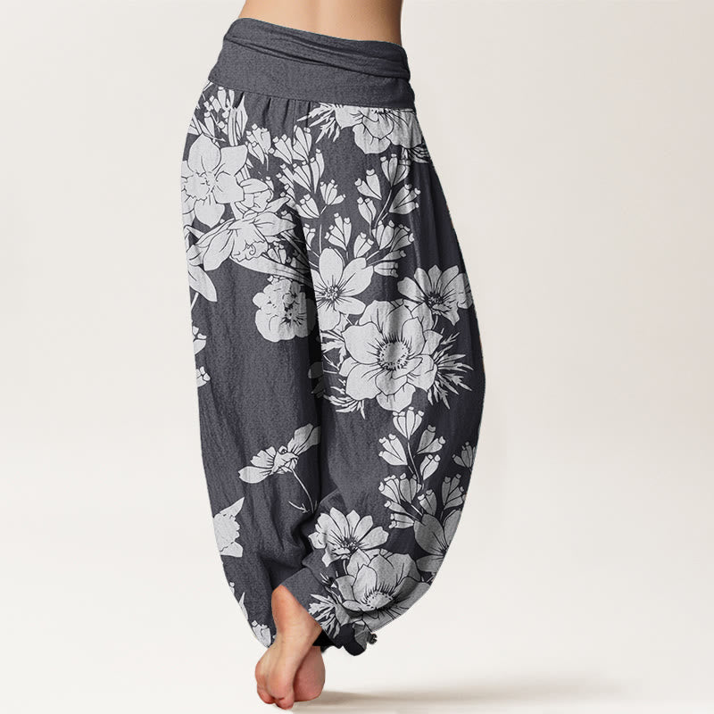 Pure Cotton Casual Peony Leaves Women's Elastic Waist Harem Pants