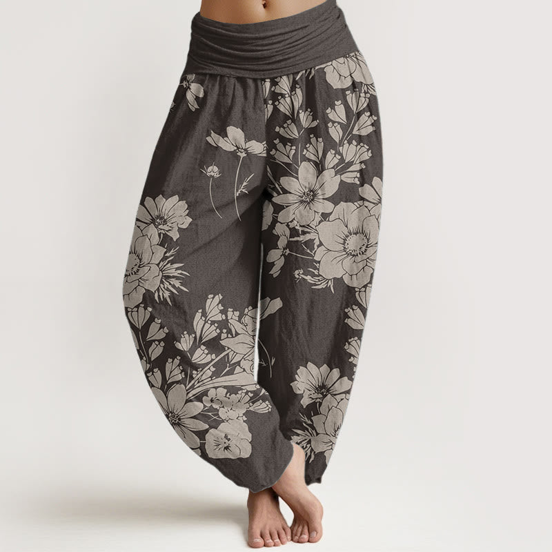 Pure Cotton Casual Peony Leaves Women's Elastic Waist Harem Pants