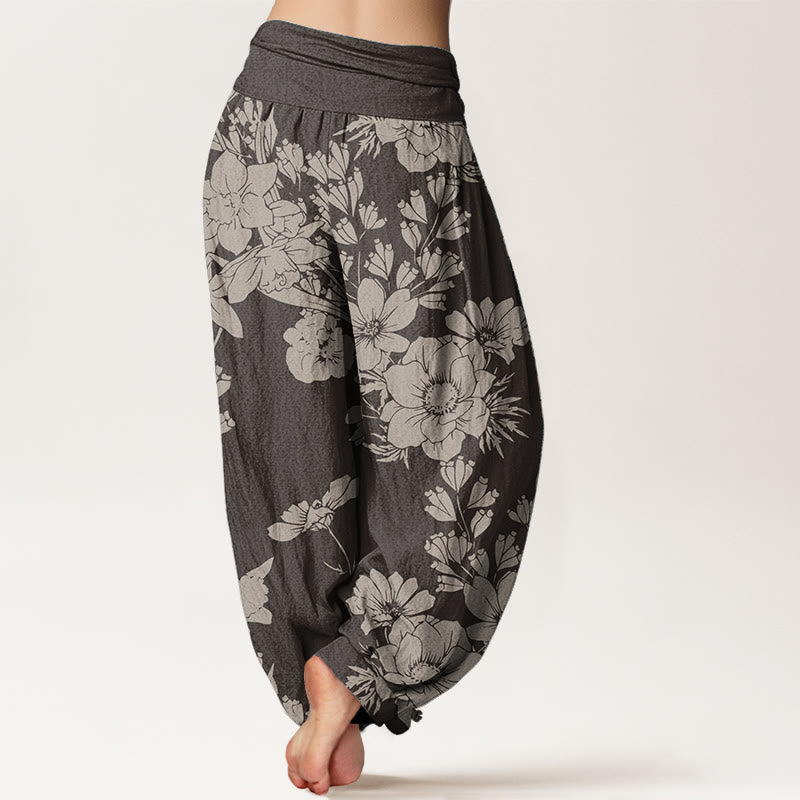 Pure Cotton Casual Peony Leaves Women's Elastic Waist Harem Pants