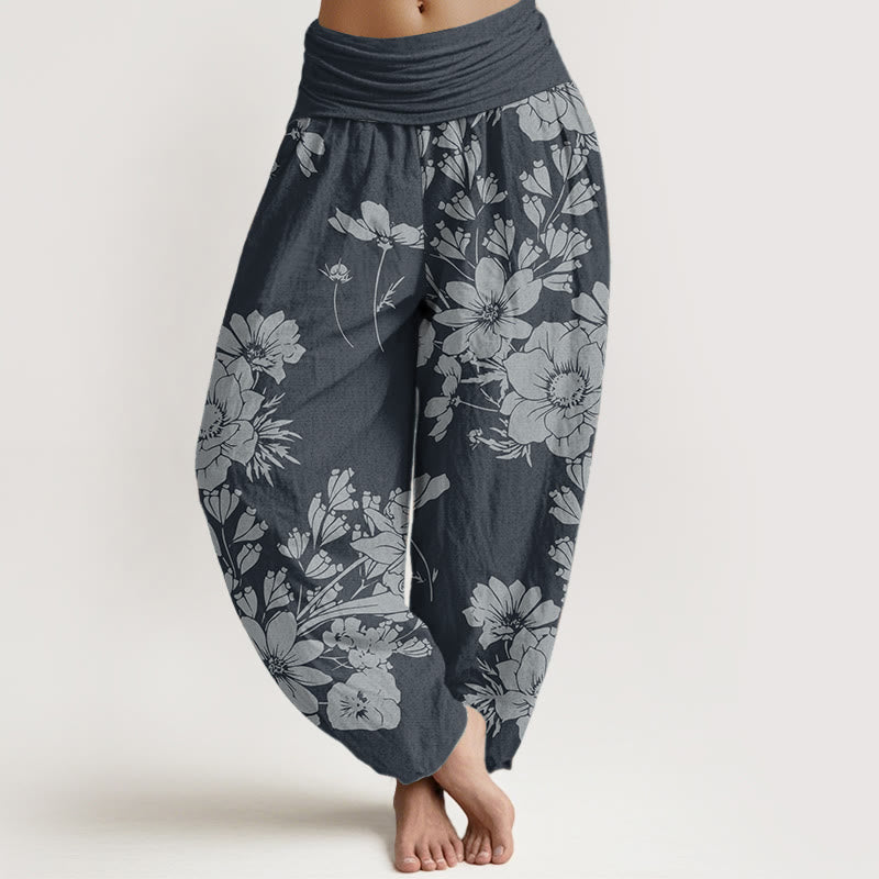 Pure Cotton Casual Peony Leaves Women's Elastic Waist Harem Pants