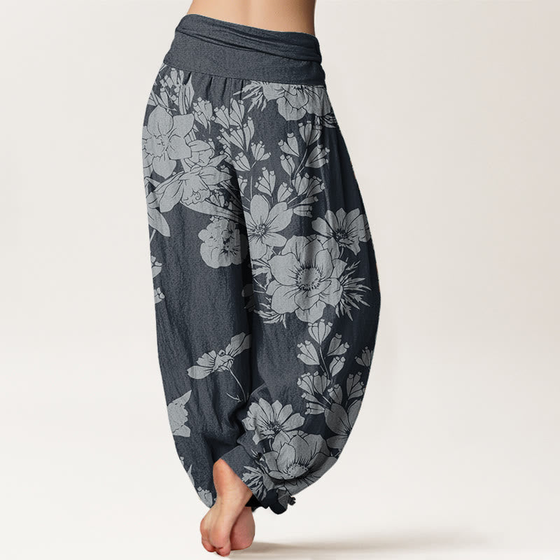 Pure Cotton Casual Peony Leaves Women's Elastic Waist Harem Pants