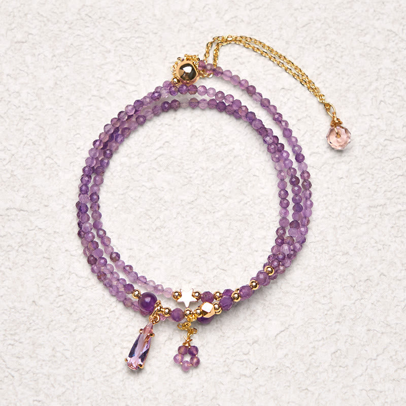 Natural Amethyst Water Drop Star Meditation Triple Wrap Bracelet