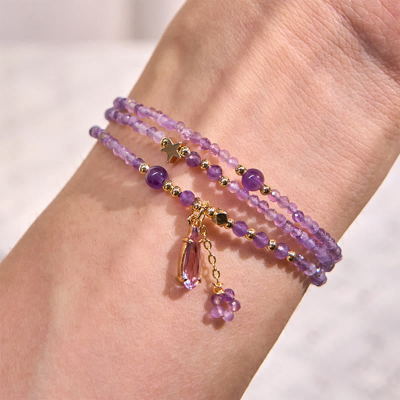 Natural Amethyst Water Drop Star Meditation Triple Wrap Bracelet