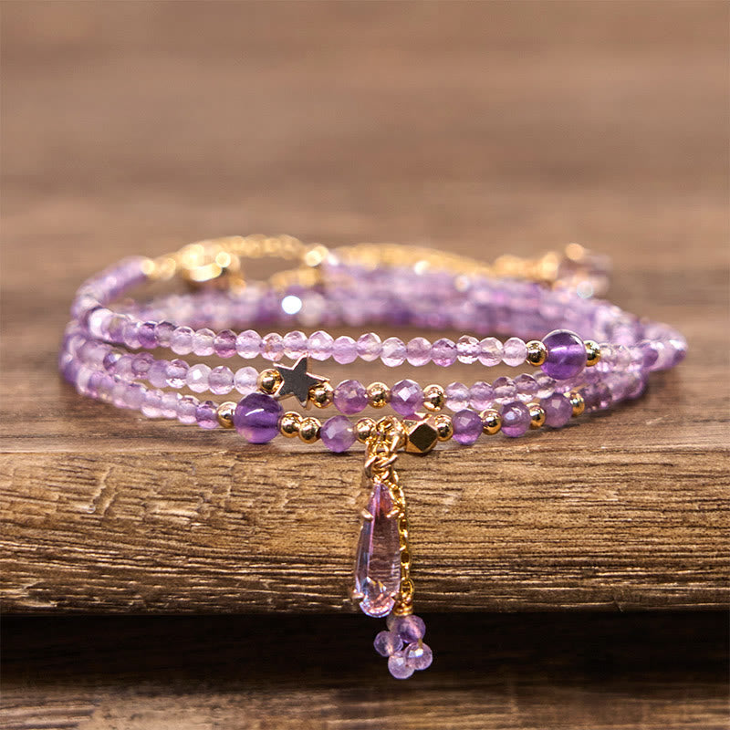 Natural Amethyst Water Drop Star Meditation Triple Wrap Bracelet