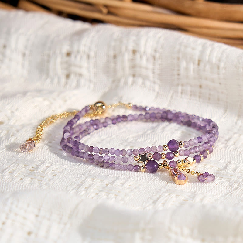 Natural Amethyst Water Drop Star Meditation Triple Wrap Bracelet