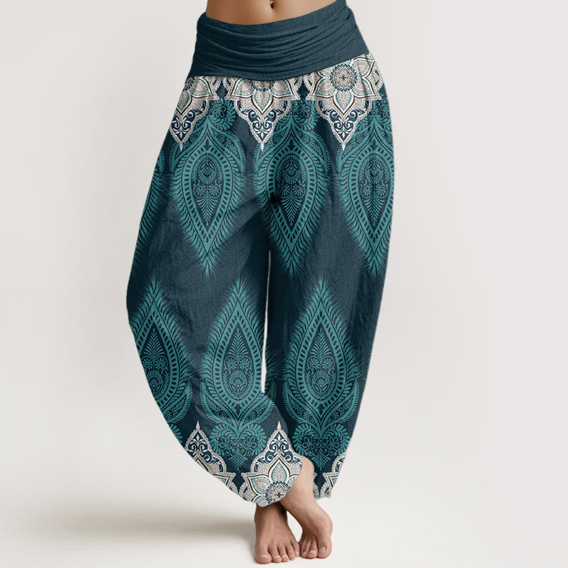 Pure Cotton Casual Feather Flower Design Women's Elastic Waist Harem Pants