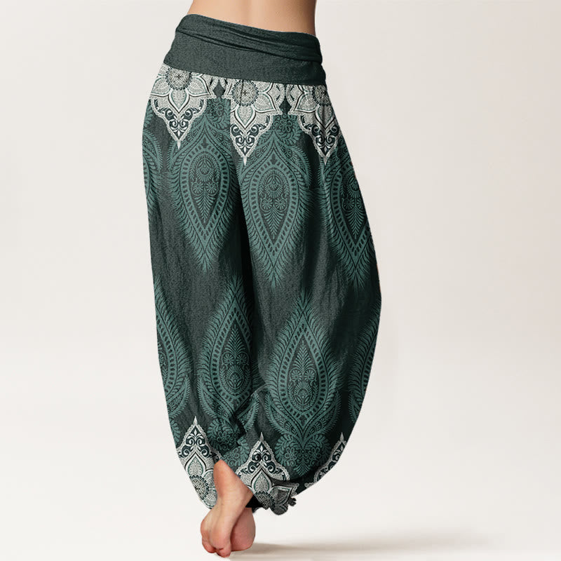 Pure Cotton Casual Feather Flower Design Women's Elastic Waist Harem Pants