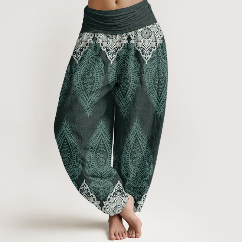 Pure Cotton Casual Feather Flower Design Women's Elastic Waist Harem Pants