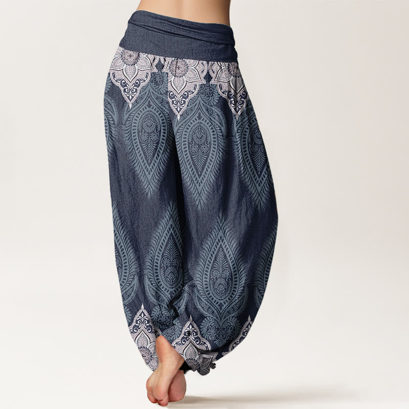 Pure Cotton Casual Feather Flower Design Women's Elastic Waist Harem Pants