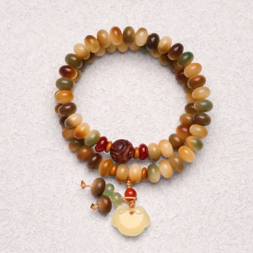 Colorful Double Wrap Bodhi Seed Chalcedony Longevity Lock & Abacus Beads Bracelet, 9x6mm