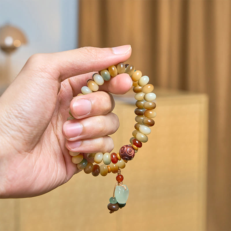 Colorful Double Wrap Bodhi Seed Chalcedony Longevity Lock & Abacus Beads Bracelet, 9x6mm