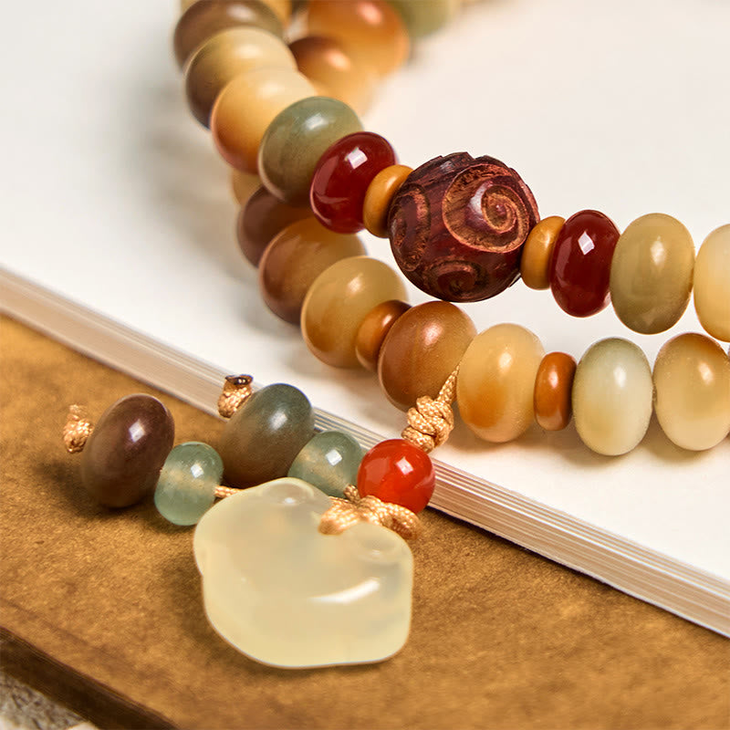 Colorful Double Wrap Bodhi Seed Chalcedony Longevity Lock & Abacus Beads Bracelet, 9x6mm