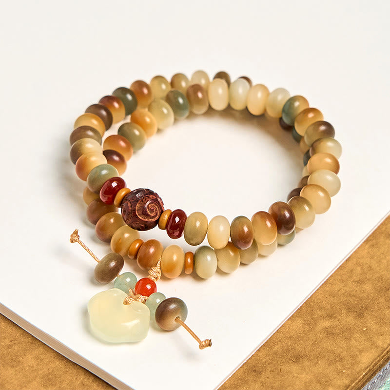 Colorful Double Wrap Bodhi Seed Chalcedony Longevity Lock & Abacus Beads Bracelet, 9x6mm