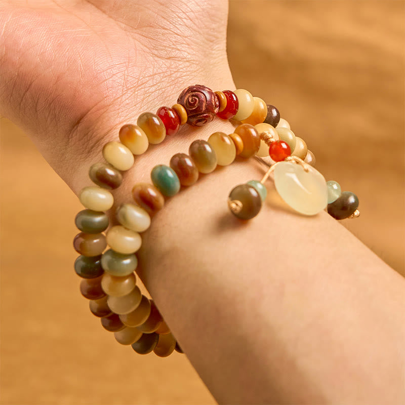 Colorful Double Wrap Bodhi Seed Chalcedony Longevity Lock & Abacus Beads Bracelet, 9x6mm