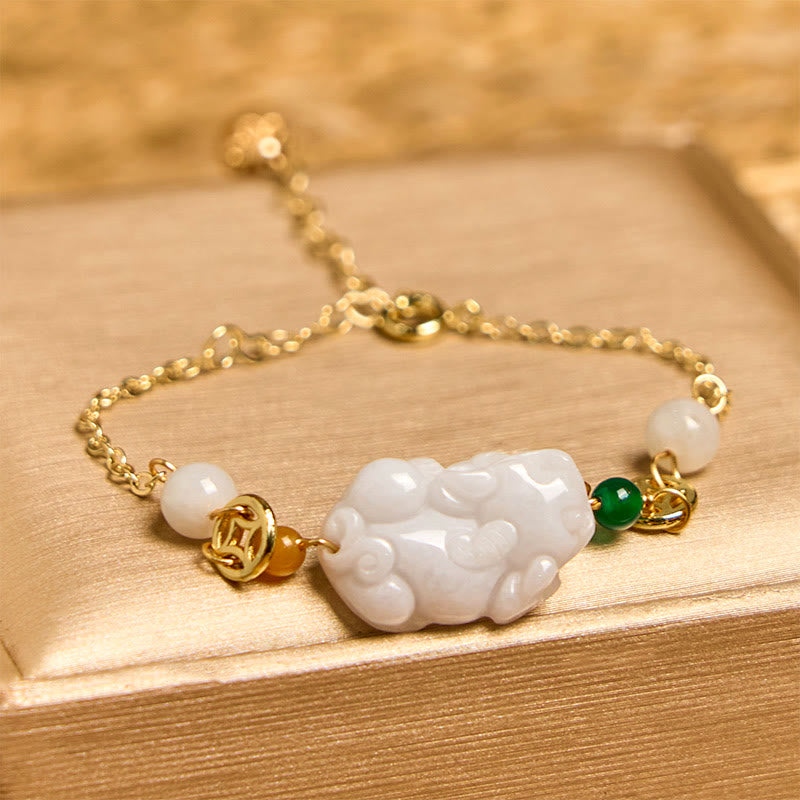 Natural Hand-Carved Jade Pixiu and Copper Coin Braided Chain Bracelet