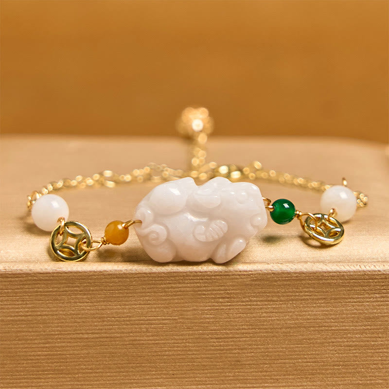Natural Hand-Carved Jade Pixiu and Copper Coin Braided Chain Bracelet