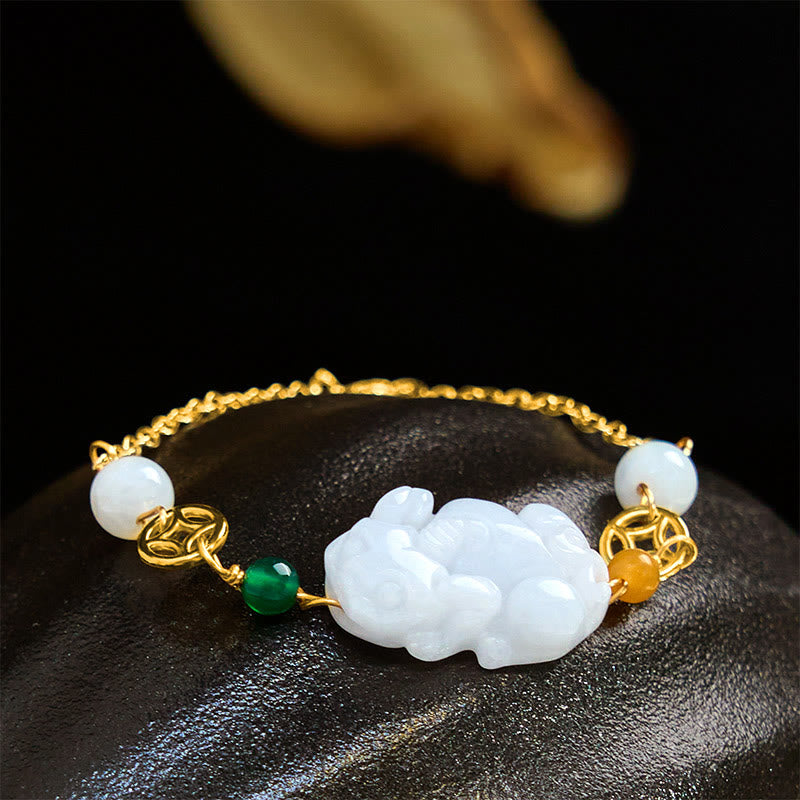 Natural Hand-Carved Jade Pixiu and Copper Coin Braided Chain Bracelet