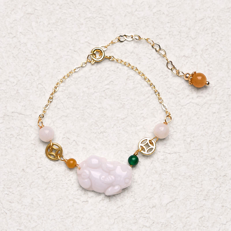 Natural Hand-Carved Jade Pixiu and Copper Coin Braided Chain Bracelet