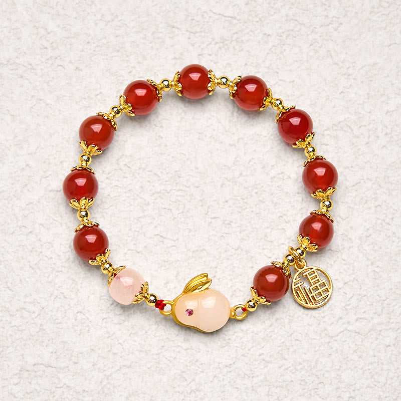 Red Agate or Chalcedony Fu Rabbit Symbol Bracelet for Personal Confidence