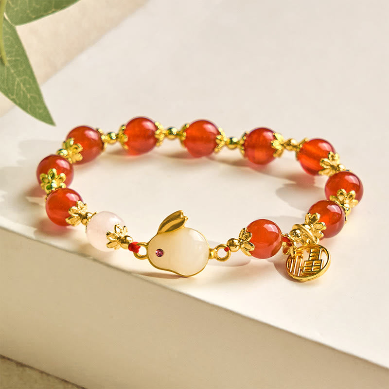 Red Agate or Chalcedony Fu Rabbit Symbol Bracelet for Personal Confidence