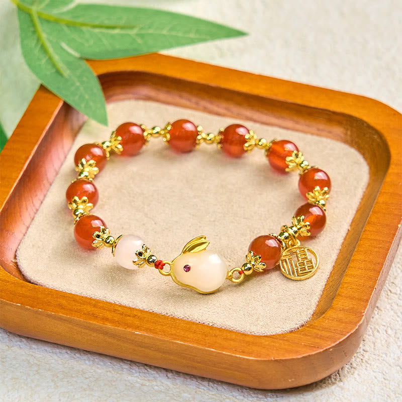 Red Agate or Chalcedony Fu Rabbit Symbol Bracelet for Personal Confidence