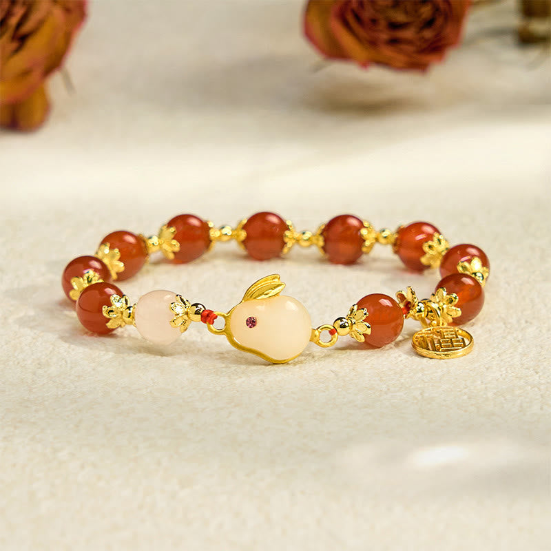 Red Agate or Chalcedony Fu Rabbit Symbol Bracelet for Personal Confidence