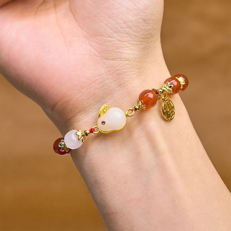 Red Agate or Chalcedony Fu Rabbit Symbol Bracelet for Personal Confidence