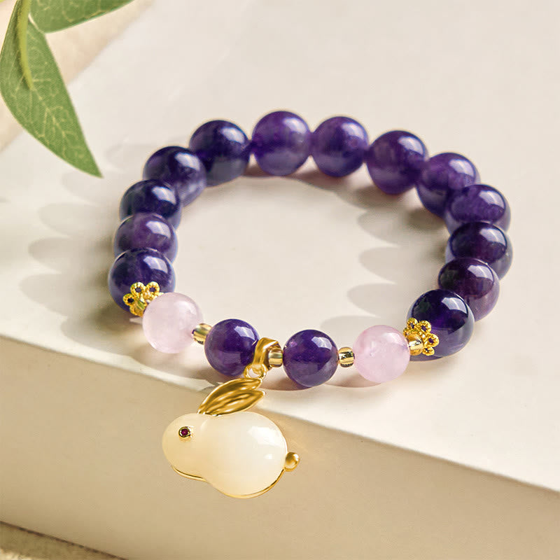 Natural Amethyst and Clear Quartz Beaded Rabbit Bracelet for Inner Peace