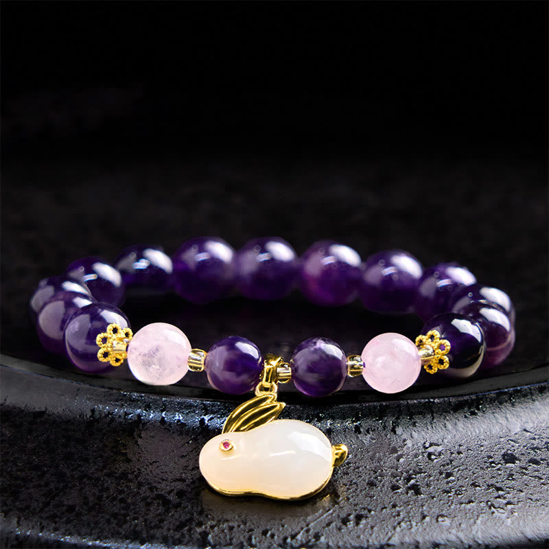 Natural Amethyst and Clear Quartz Beaded Rabbit Bracelet for Inner Peace