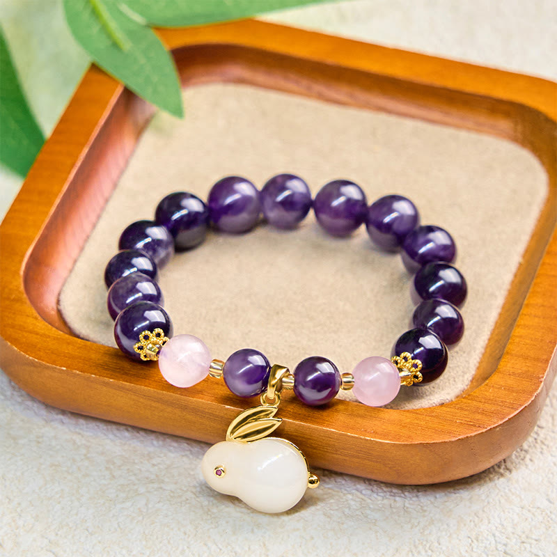 Natural Amethyst and Clear Quartz Beaded Rabbit Bracelet for Inner Peace