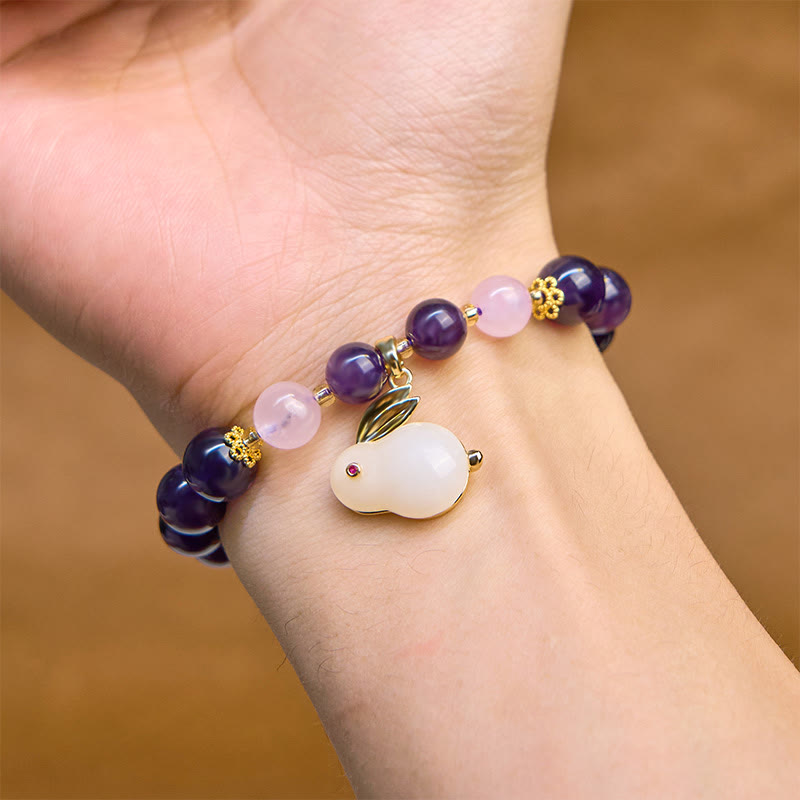 Natural Amethyst and Clear Quartz Beaded Rabbit Bracelet for Inner Peace