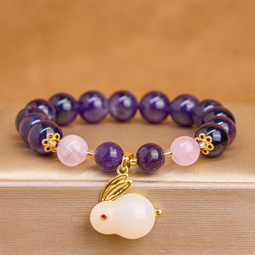 Natural Amethyst and Clear Quartz Beaded Rabbit Bracelet for Inner Peace