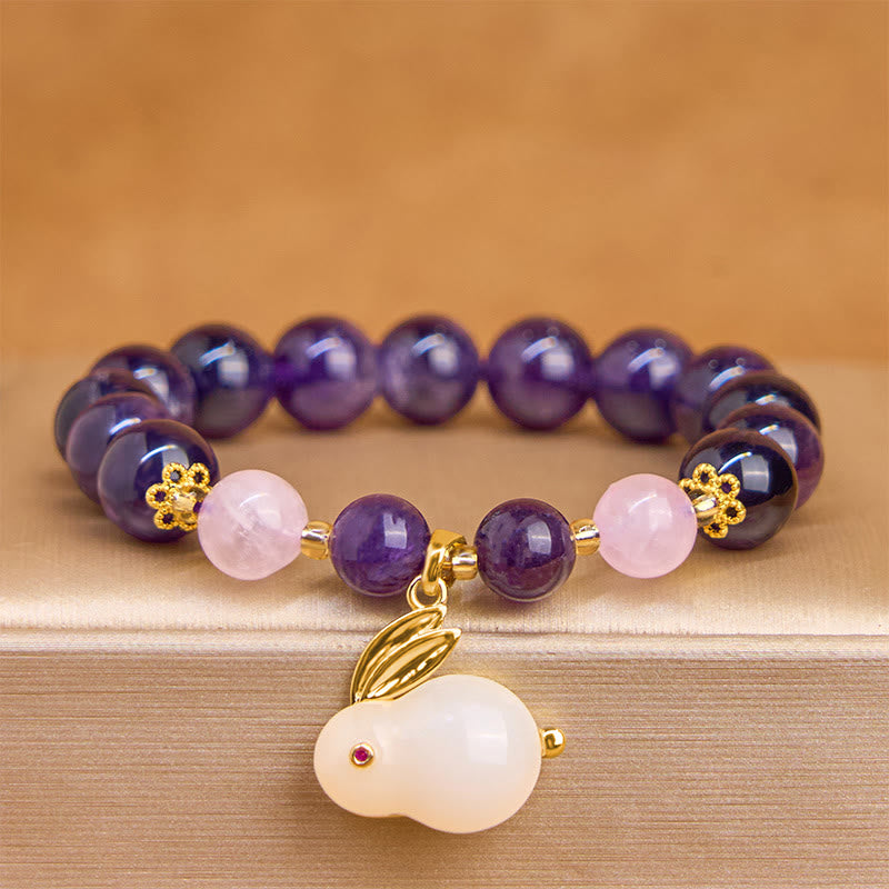 Natural Amethyst and Clear Quartz Beaded Rabbit Bracelet for Inner Peace