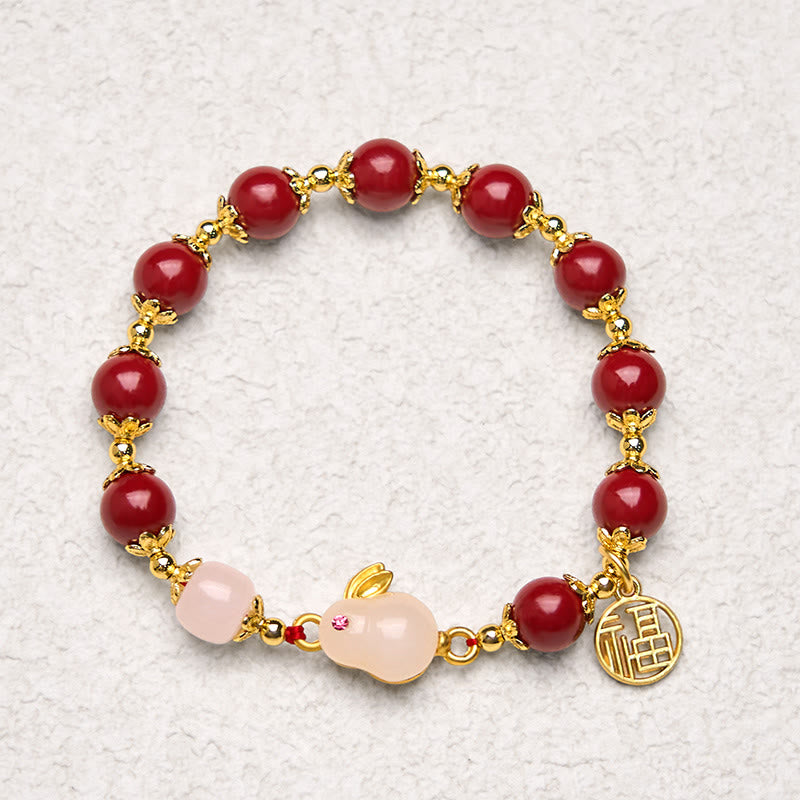 Cinnabar and Jade Rabbit Charm Bracelet with Liuli and Fu Symbol Copper Accents